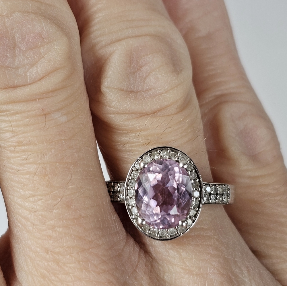 Natural Pink Kunzite & Diamond Ring in Platinum Over Sterling Silver Sz 7! - Picture 9 of 9